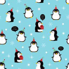 Merry Christmas and happy new year with cute little penguins in party hat seamless pattern and background.  -Vector