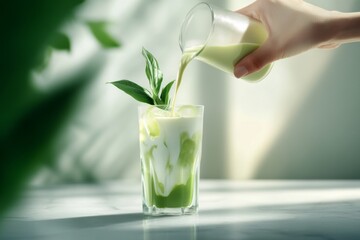 person hand pouring matcha tea into glass on minimalist studio background