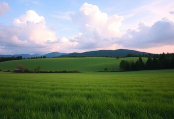 Obraz premium Pastel sky, fluffy clouds, green field, mountain trees, Easter backdrop, summer, vector