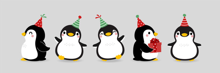 Obraz premium Merry Christmas and happy new year with cute little penguins in party hat. -Vector