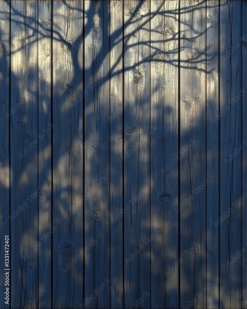 Poster the intricate shadows of a leafy tree dance across a rustic wooden fence, creating a beautiful inter