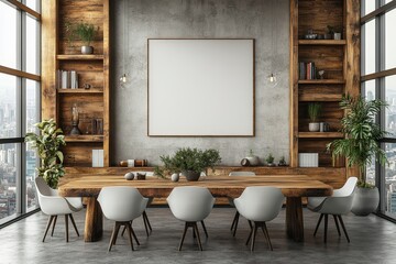 Modern dining room with white and wood paneling, gray concrete floor, wooden table, modern chairs, and a bookshelf, featuring a city view.