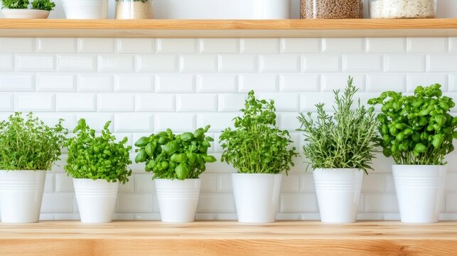 Aromatic Herbs: An inviting assortment of potted herbs, arrayed on a wooden shelf against a backdrop, celebrating freshness and culinary delight. 