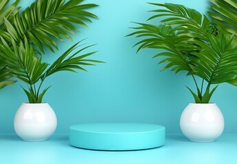 Obraz premium Light blue cylindrical platform sits between two white vases with lush green palm leaves against a pastel blue background. Clean, minimalist product display.