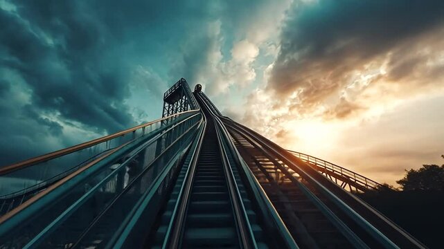 Spectacular View of a Roller Coaster Ascending Under Dramatic Skies at Sunset