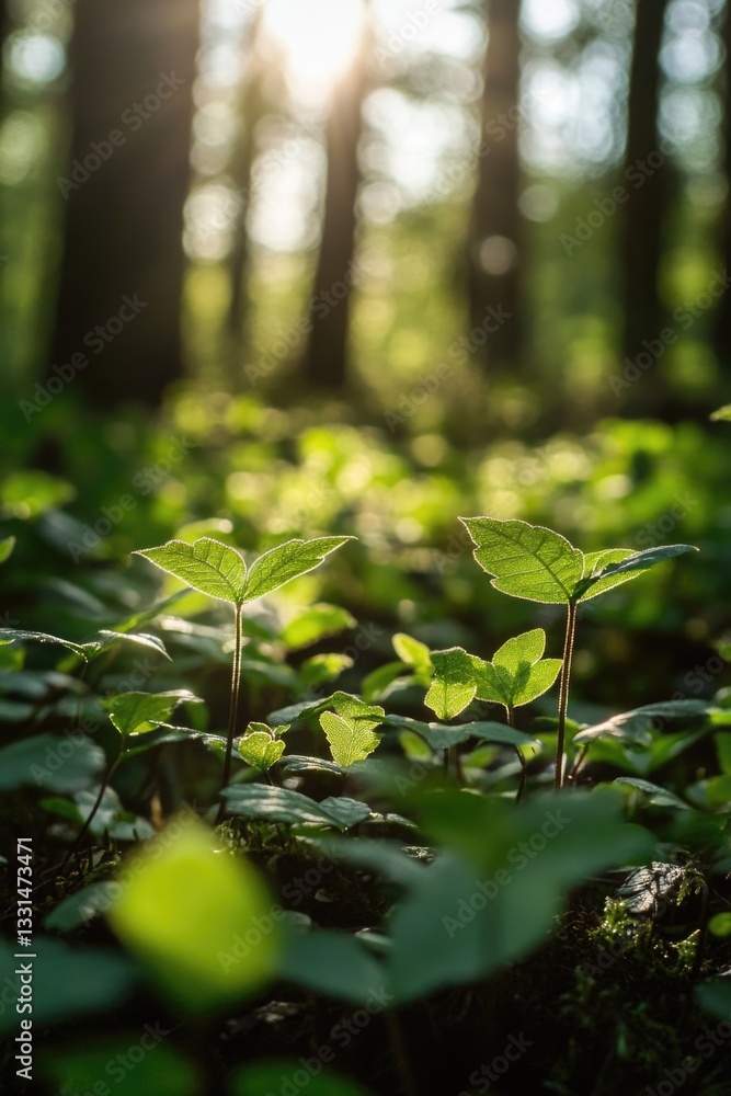 Poster a dense forest filled with various green plants, suitable for use in environmental or nature-themed 
