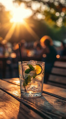 Glass of mojito on wooden table in cafe on summer terrace at sunset in summer. Cold summer drink. 