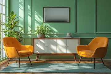 Modern minimalist sideboard with white doors, dark wood legs, two chairs, and an indoor plant, creating a clean and stylish interior.