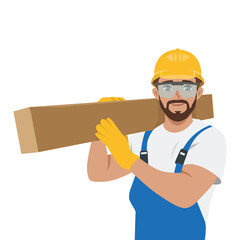 Construction Worker and hardworking builder wearing protective gear carries a wooden beam. Flat Vector character illustration