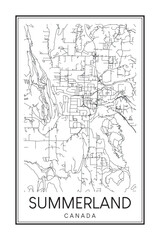 Hand drawn printable downtown road map poster of the Canadian town of SUMMERLAND on solid white background with town name