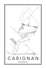 Hand drawn printable downtown road map poster of the Canadian town of CARIGNAN on solid white background with town name