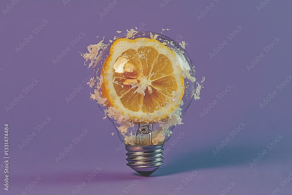 Poster a creative concept featuring a lemon as a lamp bulb on a violet background with space for text, show