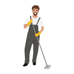 Cleaner wearing gloves and overalls is mopping the floor, clean and hygienic environment. Flat Vector character illustration