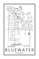 Hand drawn printable downtown road map poster of the Canadian town of BLUEWATER on solid white background with town name
