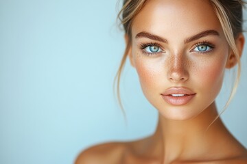 Obraz premium Attractive woman with freckles gazes forward into the camera