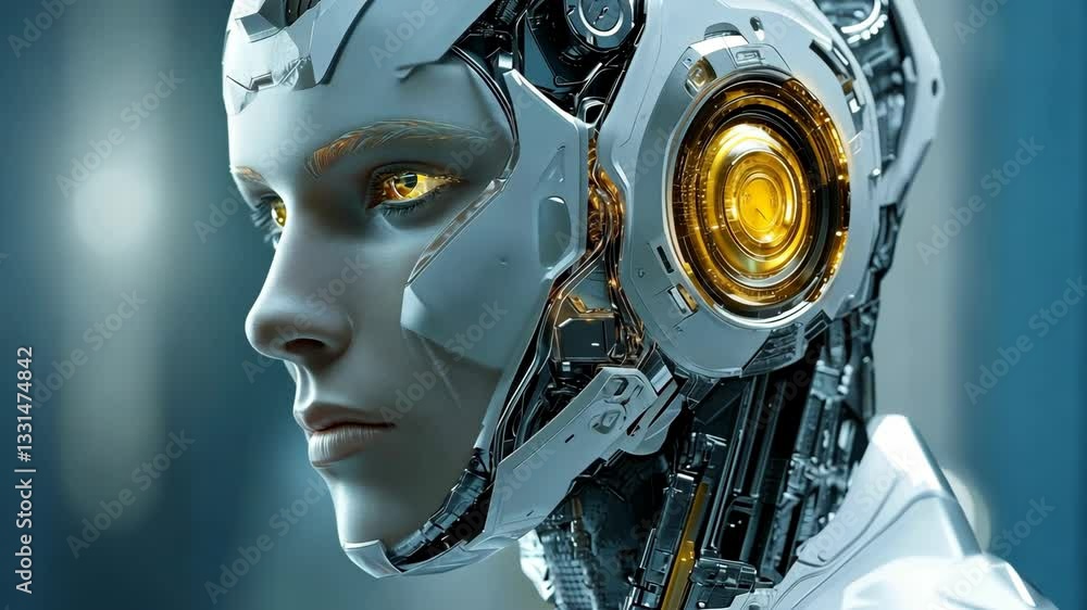Poster futuristic humanoid robot with intricate details and glowing elements showcasing advanced technology