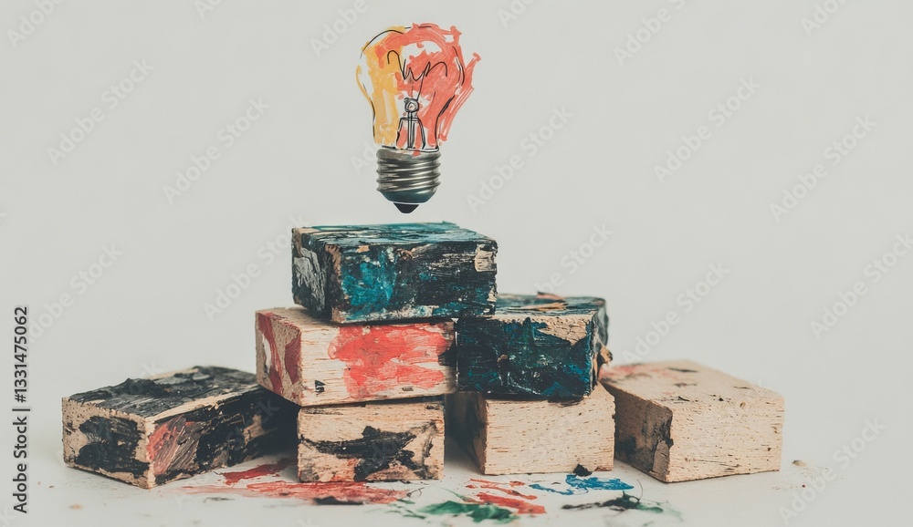 Aufkleber wooden cube blocks stacked to form a tower with a light bulb icon on a white background