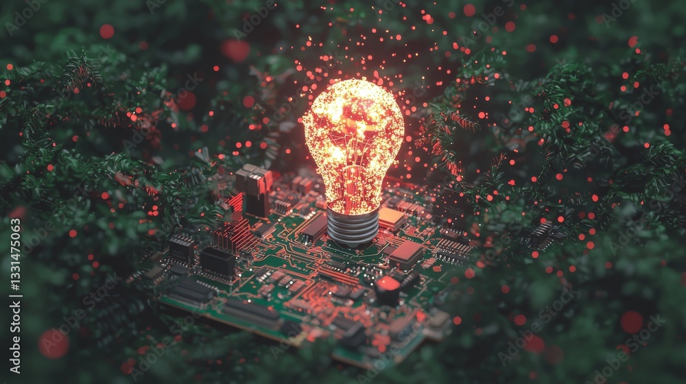 Poster a microchip features the innovation technology concept, symbolized by a lightbulb, with vibrant oran