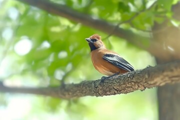 Fototapeta premium Bird perched on a branch among vibrant green leaves in a serene natural setting during daylight hours