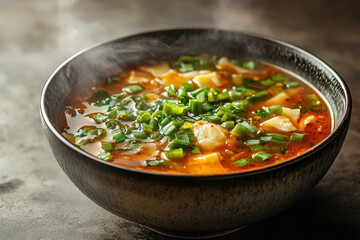Bowl of soup with hearty chunks of meat and vibrant green onions, steaming and inviting.