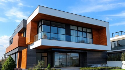 This luxurious residence features a striking modern facade that blends wood and glass, creating a harmonious balance of elegance and comfort
