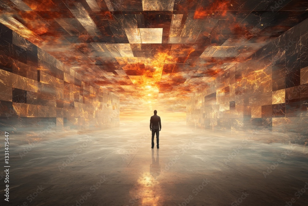 Aufkleber in a three-dimensional representation, a man's silhouette is seen standing in front of a rectangular