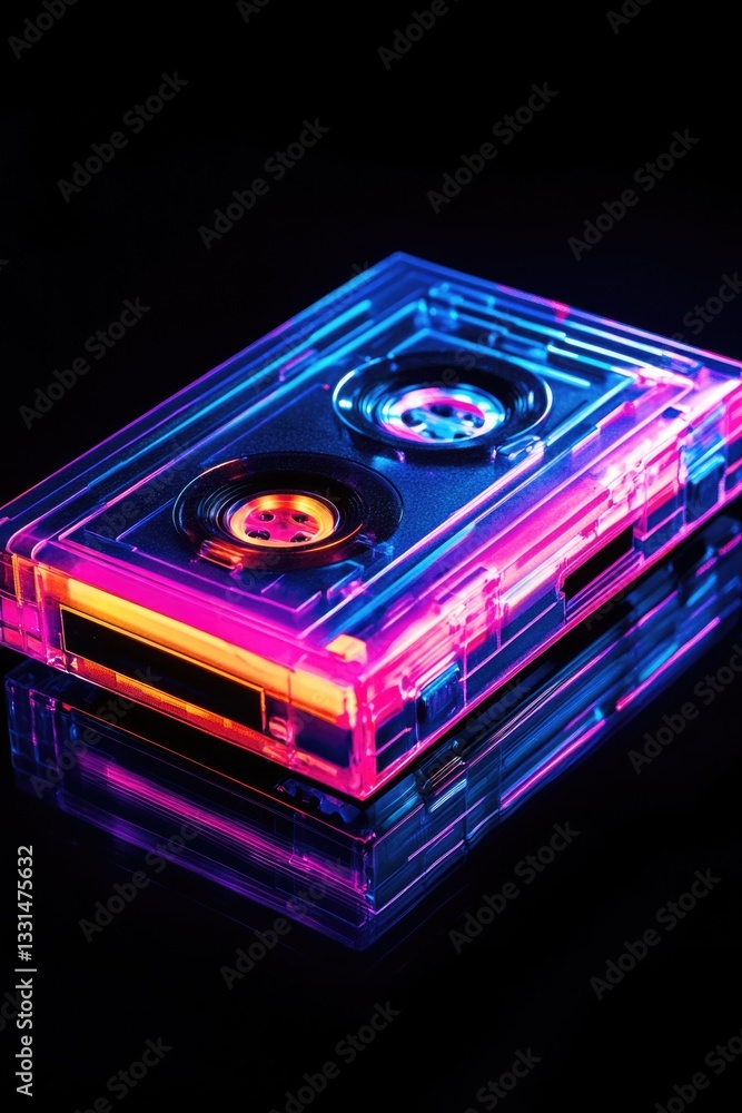 Poster a retro-style cassette player illuminated by neon lights