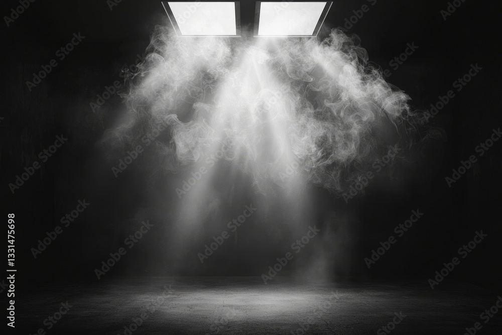 Poster the entrance to a tunnel is illuminated in a large dark hall, where lights are positioned on the top