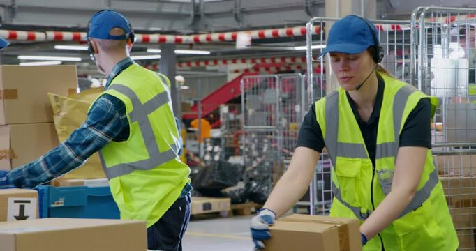 Team of Young Workers Organizing Parcels on a Conveyor in a Busy Warehouse, Ensuring Online Orders Reach Customer Delivery Without Delay. Employees in Safety Vests and Caps Handle Packages at Work