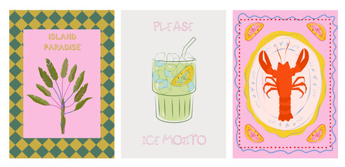 Collection of colorful Summer posters. Playful prints, Whimsical Summer Arts. Editable vector illustration