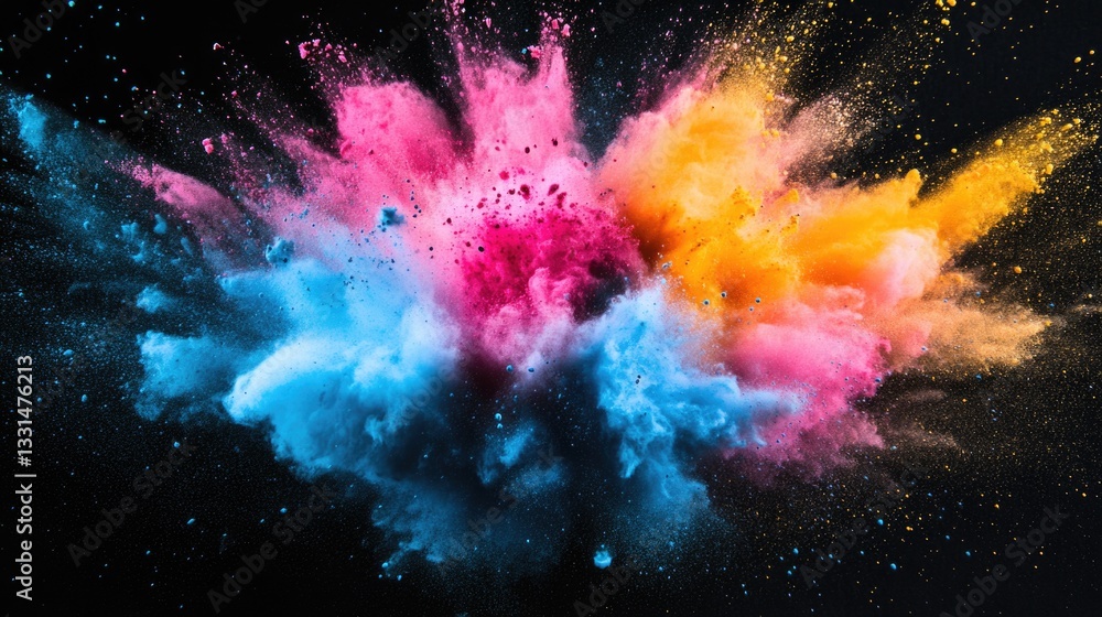 Poster a vibrant explosion of colorful powder on a dark background, ideal for highlighting products or crea