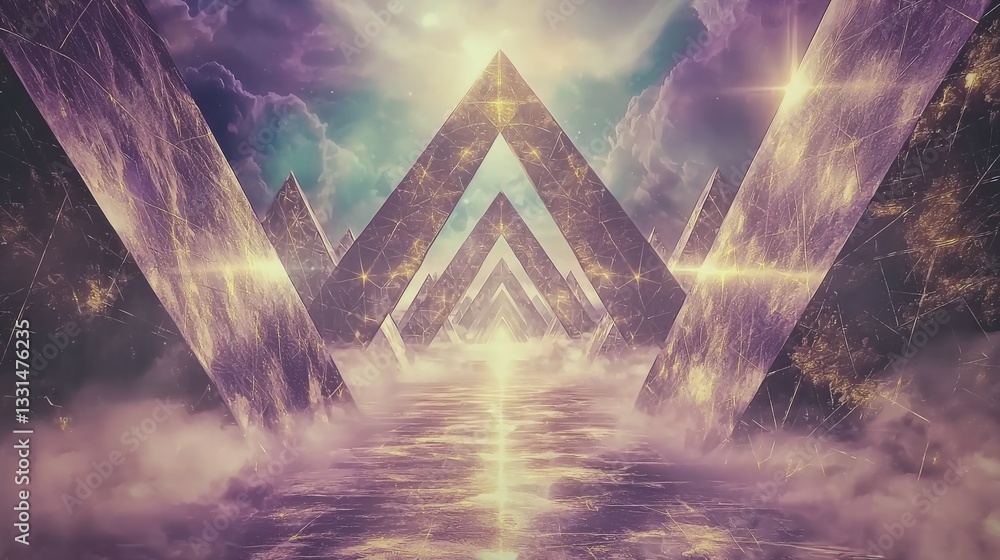 Poster the image is a 3d rendering of a futuristic space filled with abstract elements and radiant neon lig