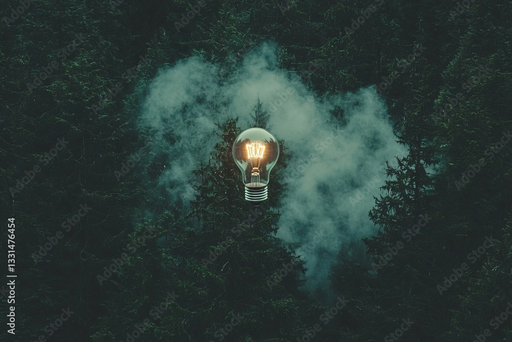 Poster situated deep within a lush and verdant forest, a lake with a distinctive bulb shape signifies the i