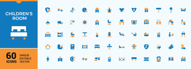 Children Room colorful vector solid icon set. Contains related to kid, baby girl, toy, book, bed and more. Web icons. Child modern icons set. Editable vector icon.