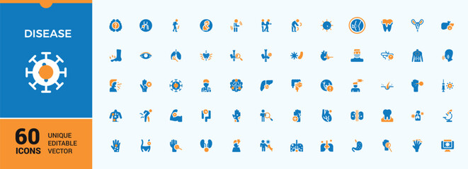 Disease colorful icon pack. Featuring treatment, health care, sick, allergy, medicine, pain and more. Icons for design. Sick vector icon set. Vector illustration.