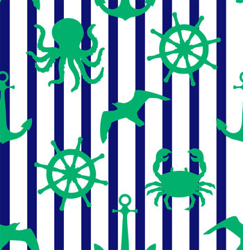 Abstract Hand Drawing Marine Concept Octopus Sea Bird Crab Anchor and Rudder Silhouettes Seamless Vector Pattern with Isolated Vertical Striped Background