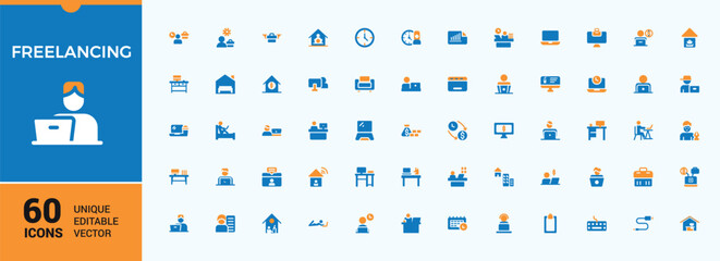 Set of Freelancing colorful solid icons. Includes symbols for freelance, remote working, work, outsource, freelancer and more. Isolated icon. Outsourcing modern icons.