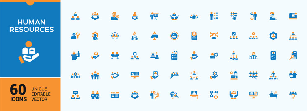 Human Resources colorful icons set in filled style. Related to job, recruitment, person, resources, hr, man, people, employee. Flat icon. HR solid icons.