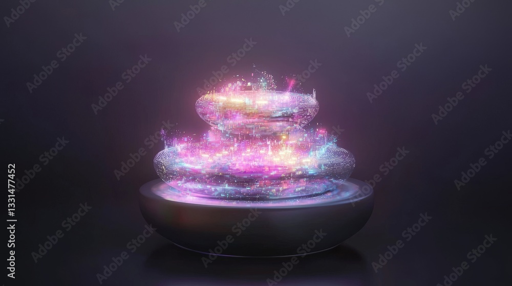 Poster the image depicts a 3d sci-fi mech pedestal with a circular shape, surrounded by glowing led rings a