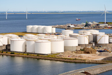 Storage tanks and fuel terminal at Provestenen artificial island in Oresund from CopenHill, Copenhagen, Denmark