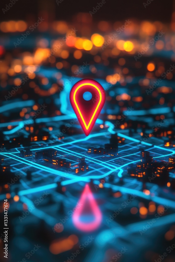 Poster map with a pin marking a location in a bustling city