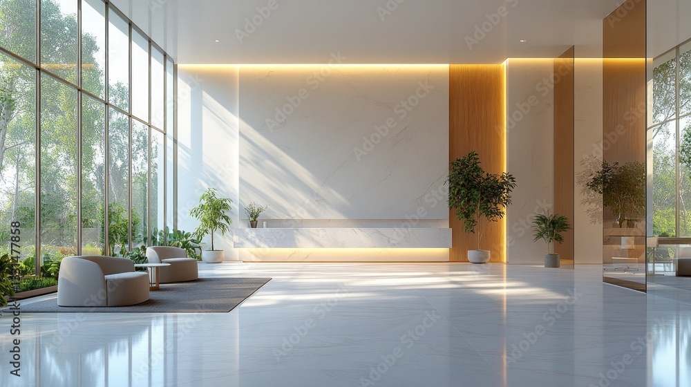 Poster bright and airy, the hospital lobby showcases expansive windows that illuminate the space with soft 