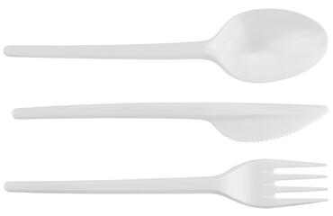 Disposable plastic cutlery: spoon, knife, fork isolated on a transparent background. Completely in focus. Full depth of field. Top view. PNG.