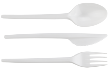 Disposable plastic cutlery: spoon, knife, fork isolated on a transparent background. Completely in focus. Full depth of field. Top view. PNG.