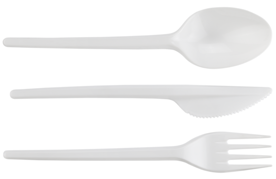 Disposable plastic cutlery: spoon, knife, fork isolated on a transparent background. Completely in focus. Full depth of field. Top view. PNG.
