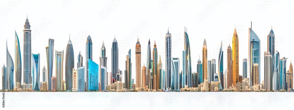 Poster a white background accompanied by modern skyscrapers and available space for adding text