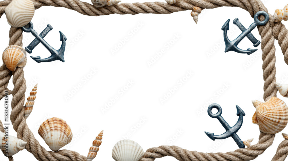 Poster rope frame with seashells and anchors on transparent background