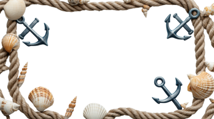 Rope frame with seashells and anchors on transparent background