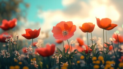 Naklejka premium Blooming Red Poppy Flowers in a Sunny Meadow with a Bright Sky