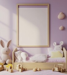 Pastel nursery room with empty frame, toys, and bed.